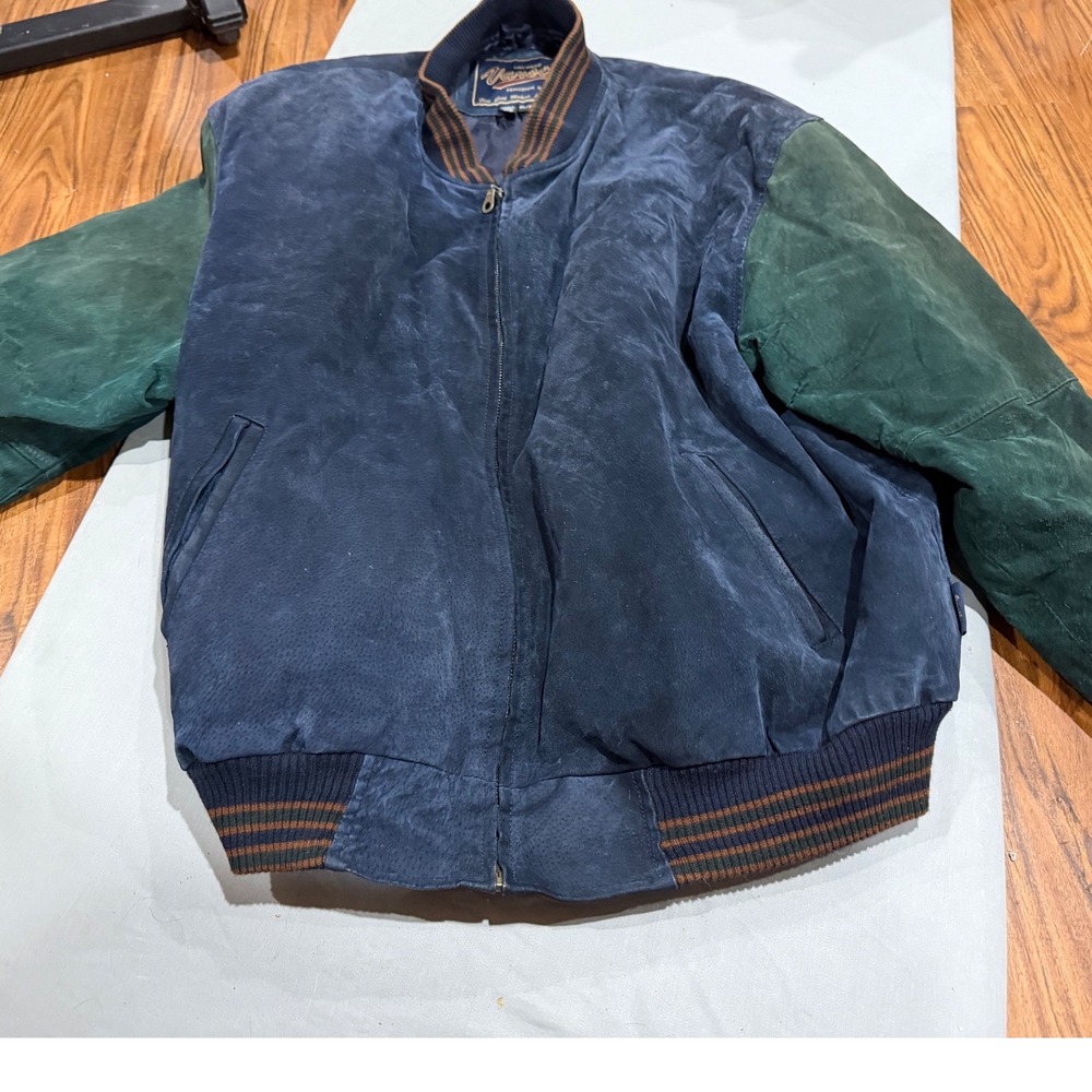 Vintage Mens Vintage Varsity Suede Bomber Jacket XL Blue Green